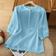 thumbnail image 1 of Blue Womens Blouses Embroidered Tops for Women Floral Cotton Linen Tunic Tshirt Tee Women 3/4 Sleeve V Neck Button Boho Ethnic Ladies Tops and Blouses, 1 of 5