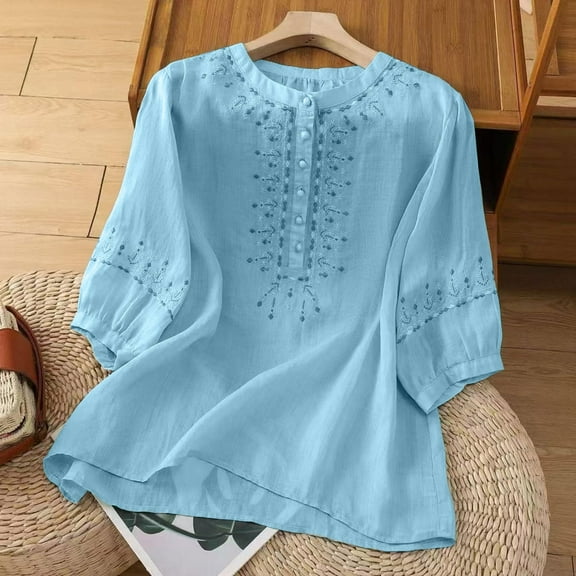 Blue Womens Blouses Embroidered Tops for Women Floral Cotton Linen Tunic Tshirt Tee Women 3/4 Sleeve V Neck Button Boho Ethnic Ladies Tops and Blouses