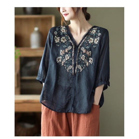 Blue Womens Blouses Floral Tops Cotton Linen Shirts Boho Ethnic Style Tee Women 3/4 Sleeve V Neck Button Tunic Tshirt Ladies Tops and Blouses
