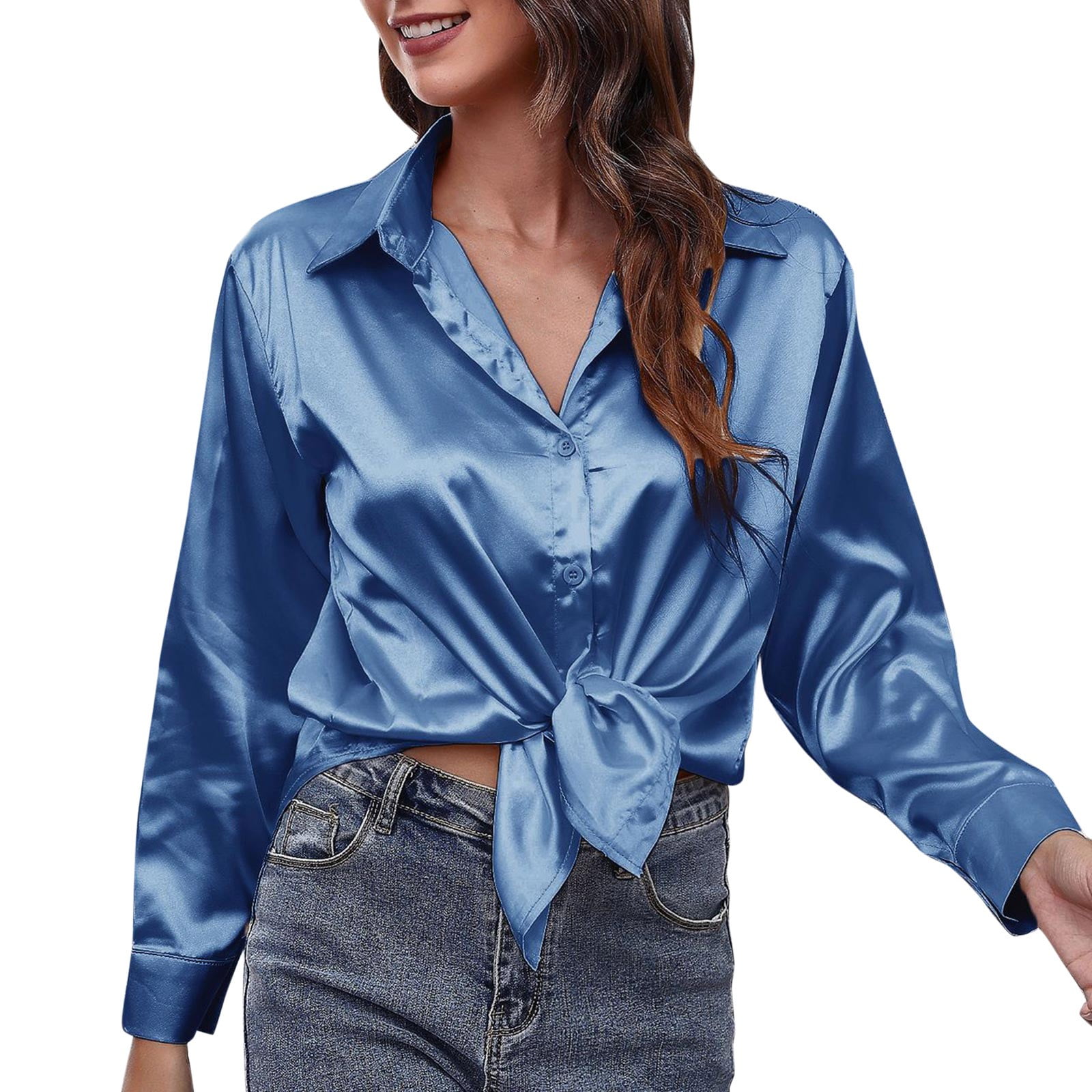 light blue satin blouse