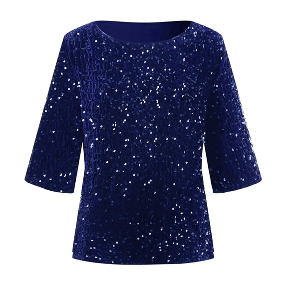Blue Womens Blouses Sequin 3/4 Sleeve Tops for Women Trendy Spring Summer Glitter Blouses Crew Neck Fashion Sparkly Shirts Ladies Tops and Blouses