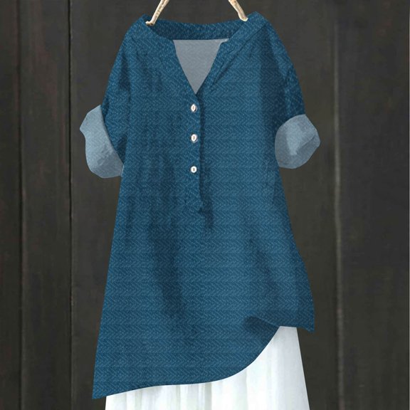 Blue Womens Blouses Solid Color Simple Geometric Texture Semi Open Shirt Top Ladies Tops and Blouses