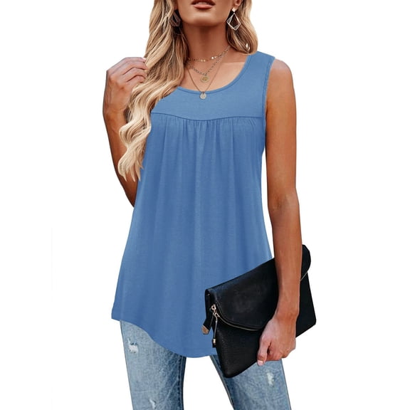 Blue Womens Blouses Tank Top for Summer Sleeveless Pleated Crewneck T Shirts Casual Beach Vacation Clothes Fashion Outfits Ladies Tops and Blouses