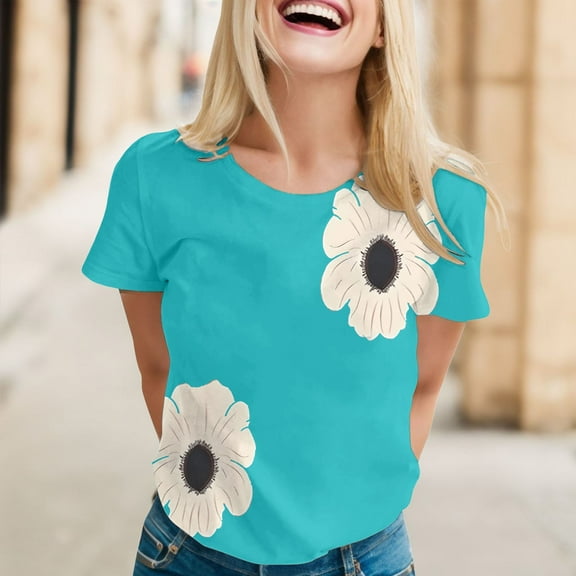Blue Womens Blouses Women Daily Casual Flower Printed Short Sleeve O Neck T Shirt Tops Blouse Ladies Tops and Blouses