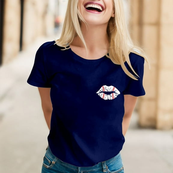 Blue Womens Blouses Women Daily Casual Printed Short Sleeve O Neck T Shirt Tops Ladies Tops and Blouses