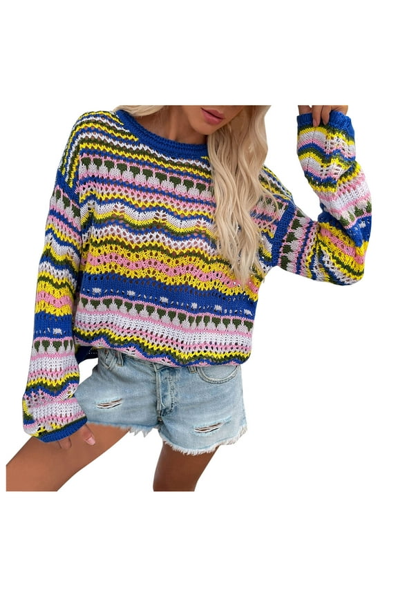 Blue Womens Blouses Women Long Sleeve Crop Top Crochet Knit Color Block Pullover Tops Loose Patchwork Shirts Blouses for Women Dressy Casual