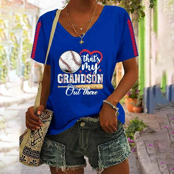Blue Womens Blouses Women's Baseball Season Solid Color Sports Top V Neck Loose Short Sleeved Shirt Ladies Tops and Blouses