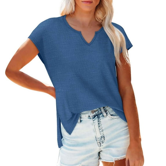Blue Womens Blouses Women's Cap Sleeve Shirts Casual Summer V Neck Tunic Tops Loose T Shirts Side Slit S 3XL Summer Tops