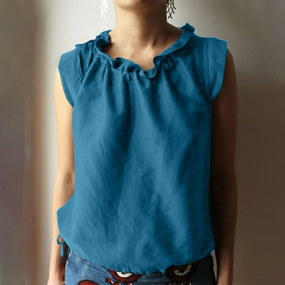 Blue Womens Blouses Women's Sleeveless Solid Color Cotton Shirt T Shirt Ladies Tops and Blouses