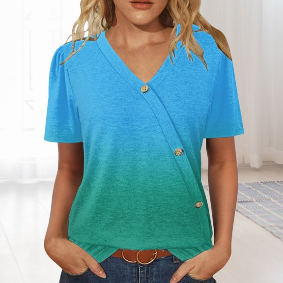 Blue Womens Blouses Womens Tops Casual Short Sleeve V Neck Shirts Puff Sleeve Tshirts Loose Casual Blouse Summer Tee Summer Tops for Women
