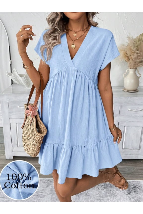 Blue Womens Casual Boho V-Neck Ruffled Doll Dress Summer Picnic Cottagecore Short Dress