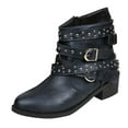 thumbnail image 1 of Blue Womens Chunky Chain Buckle Design Mid Calf Boots With Low Heel For Casual Fall Wear In Blue, 1 of 4
