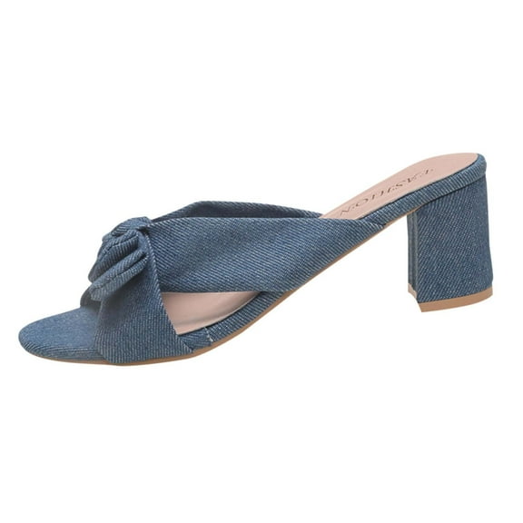 Blue Womens Decorative Fabric Strap Sandals With Thick Heel Casual Vacation Footwear In Blue For Transition Season