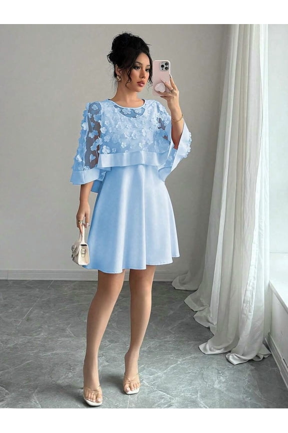 Blue Womens Elegant Floral Appliqué Chiffon Overlay A-Line Short Dress With Bell Sleeves
