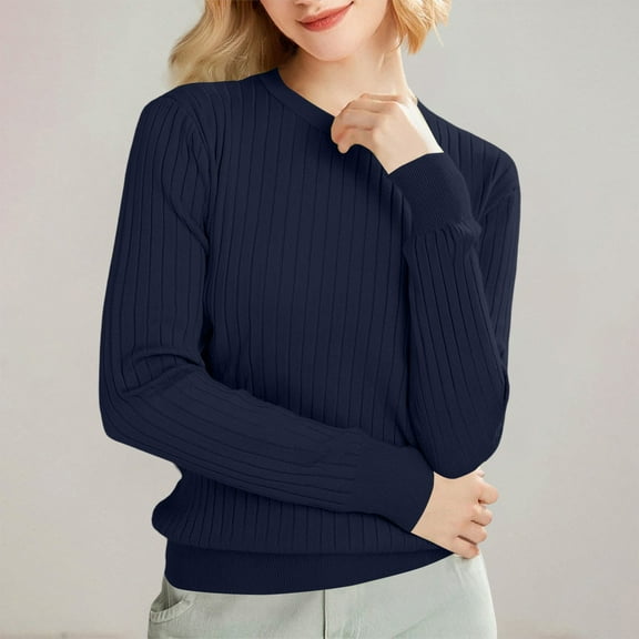 Blue Womens Fall Tops Women'S Autumn and Winter Round Neck Stripe Bottoming Shirt Fashion Versatile Sweater Solid Soft Sweater Sweaters for Women