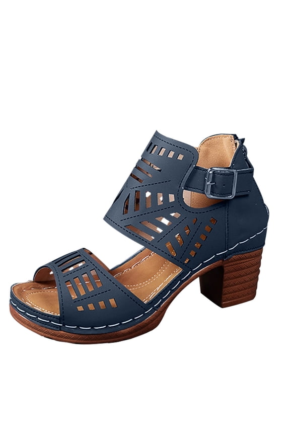 Blue Womens Fashion Casual Hollow Out Block Heel Gladiator Sandals Roman Buckle Ankle Strap Heeled Shoes Size 41 Weight Approx 1.06 Lbs
