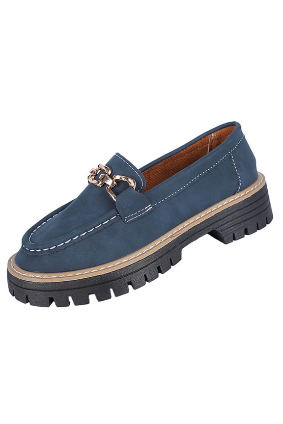 Blue Womens Fashionable Casual Soft Sole Low Heel Shallow Mouth Breathable Metal Chain Flat Bottom Thick Sole Loafers For Fall