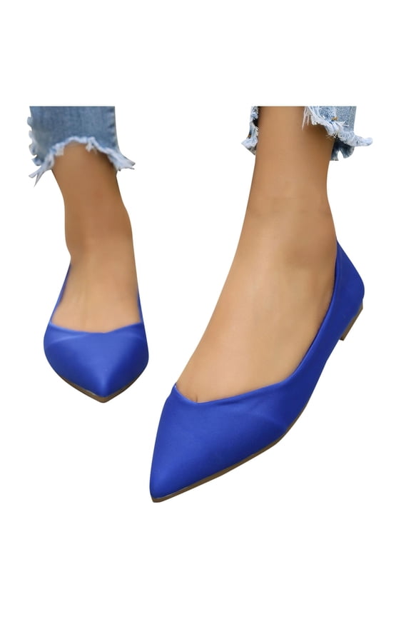 Blue Womens Flat Sandals Pointed Toe Slingback Low Heel Soft Sole Comfort Casual Slip On Spring Summer Wear Satin Fabric Upper V-Cut Design Flock Material