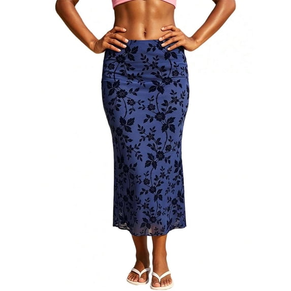 Blue Womens High Waisted Floral Print Bodycon Midi Skirt With Fish Tail Hem