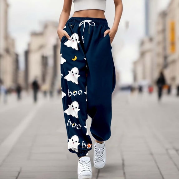 Blue Womens Jogger Pajamas Pants Halloween Costumes,Halloween wide leg pants,High waist, soft, comfy, baggy style, with pockets M