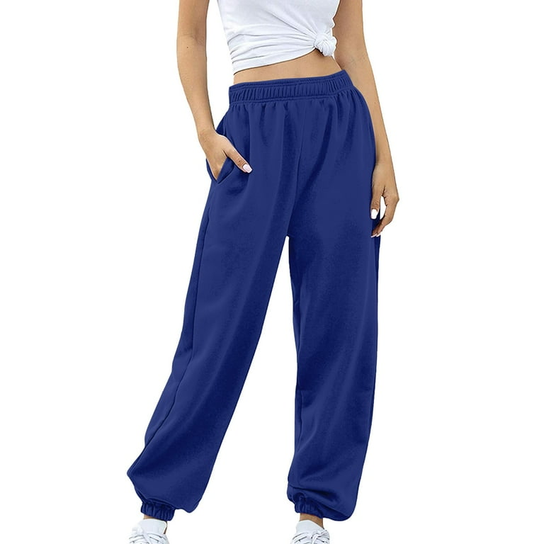 Blue Womens Joggers Bottom Sweatpants No Drawstring Joggers Pants Workout High Waisted Yoga Pants With Pockets Wide Leg Pants Woman Size 2XL