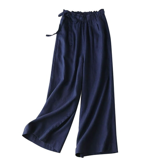 Blue Womens Leggings Women Fashion Solid Color Cotton Flax Elastic Long Pants Beach Leisure Trousers Cropped Pants Casual Pants Women