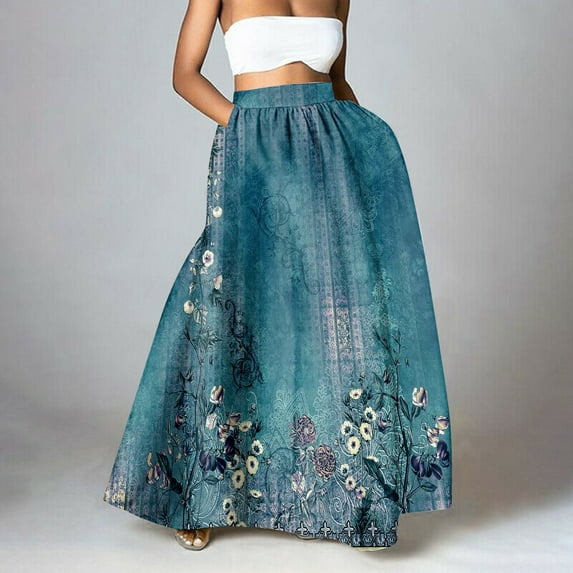 Blue Womens Long Skirts Women Floral Print Skirt High Waist Party Beach Pocket Long Maxi Skirt Skirts for Women