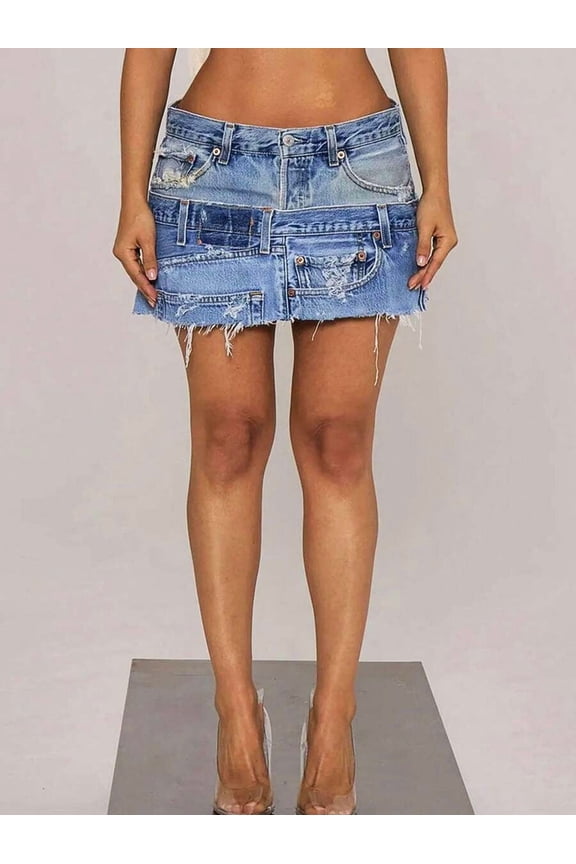 Blue Womens Low Rise Patchwork Denim Mini Skirt With Raw Hem, Multi-Pocket & Distressed Detail