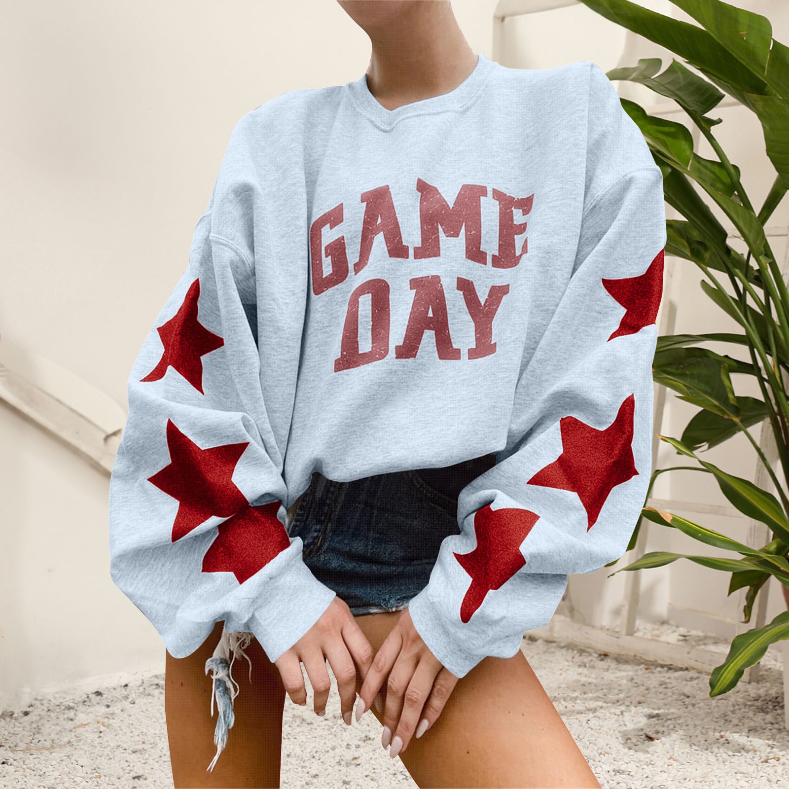 Blue Womens Oversized Sweatshirts Women Vintage Loose Fit Crewneck Sweatshirt Football Funday Star Print Oversize Pullover Sweater Streetwear Going Out Tops for Women Walmart