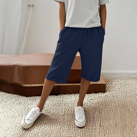 Blue Womens Pants Shorts for Women Knee Length Cotton Linen Elastic Waist Shorts Summer Pants with Pockets Sweatpants Womens Fashion