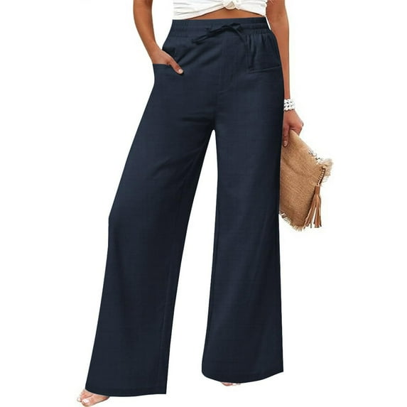 Blue Womens Pants Women's Casual Cotton and Linen Wide Leg Pants with Pockets Boho Palazzo High Waisted Trousers Casual Pants Women
