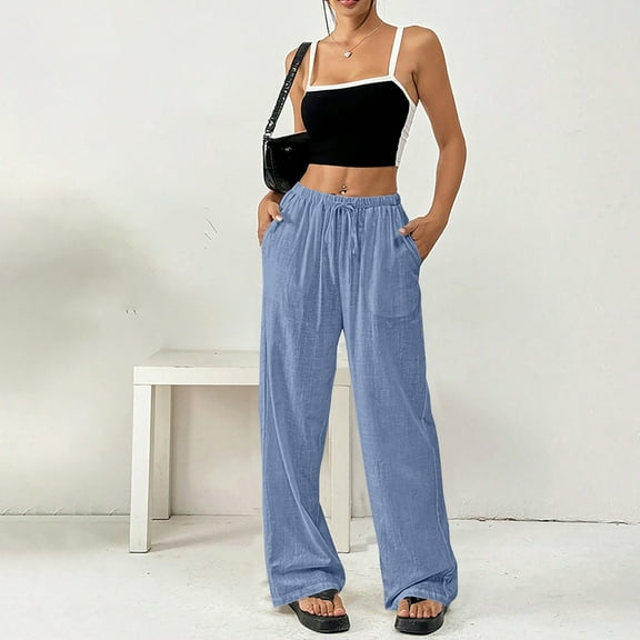 Blue Womens Pants Women's Spring and Summer Thin Solid Color Cotton and Linen Pocket Pants Casual Pants Sweatpants Womens Fashion