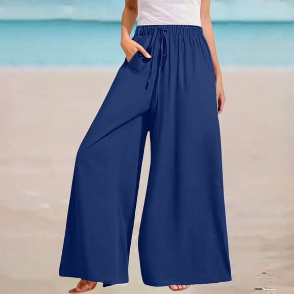 Blue Womens Pants Womens Casual Wide Leg Pants High Waisted Adjustable Tie Knot Flowy Trousers Beach Palazzo Pants for Women Casual Pants Women
