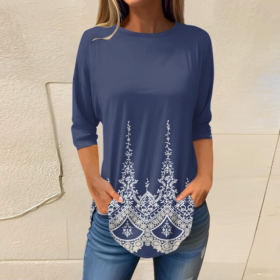 Blue Womens Plus Size Tshirts, Polyester Plus Tshirts for Women Plus Size, 3/4 Sleeve Plus Size Spring Blouses, Tree Graphic Tees for Women, Floral Weekend Printed Shirts for Plus Size Women