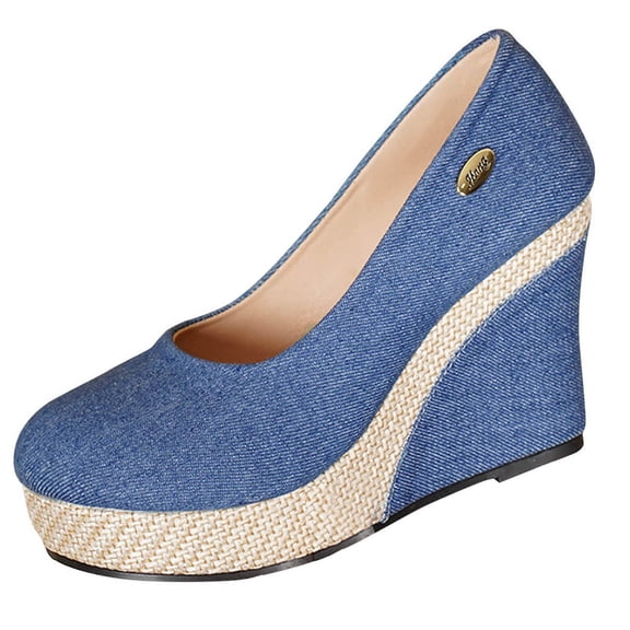 Blue Womens Pumps Denim Fabric Round Toe With Chunky Sole Woven Texture Wedge Heel Metal Plate Accents Comfortable Casual Everyday Wear Size 39
