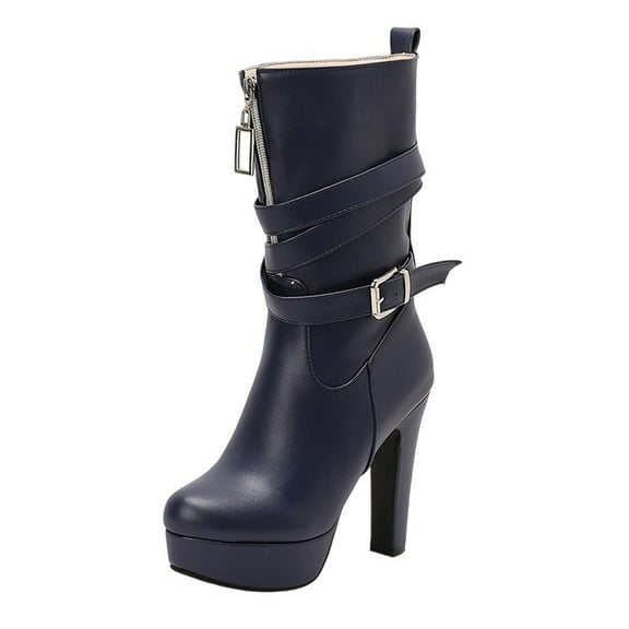 Blue Womens Round Toe Boots With Front Zipper And High Heel For Winter Casual And Fashionable Look