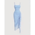 thumbnail image 1 of Blue Womens Ruched Bodycon Midi Dress With Spaghetti Straps And Asymmetrical Ruffle Hem, 1 of 5