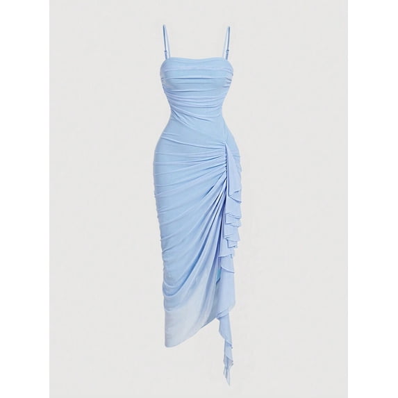 Blue Womens Ruched Bodycon Midi Dress With Spaghetti Straps And Asymmetrical Ruffle Hem