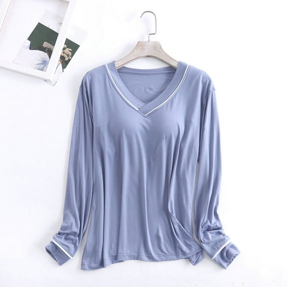 Blue Womens Sleepwear Women's Long Sleeve Sleep T Shirt Basic Layer Stretchy Shirts Neck Pajama Top