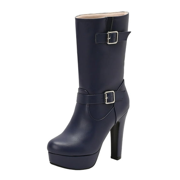 Blue Womens Solid Color Boots With Belt Buckle And Platform Heel Mid Calf High Heel For A Trendy Look