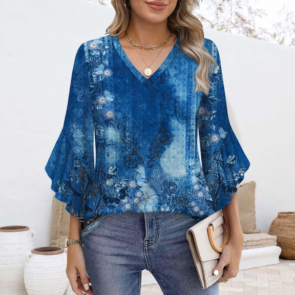 Blue Womens Summer Tops Blouses for Women Casual 3/4 Length Sleeve Womens Tops V Neck Tshirts Shirts with Flared Sleeve Going Out Tops for Women