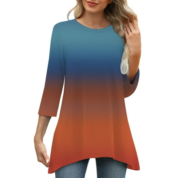 Blue Womens Summer Tops Casual Loose Round Neck Mid Length Sleeve Ladies Top Asymmetrical Going Out Tops for Women