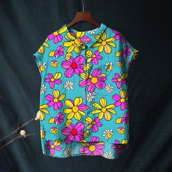 Blue Womens Summer Tops Cute Tops for Women Collar Non Sleeve Linen Shirts Plus Size Floral Blouses Casual Summer Clothes Going Out Tops for Women