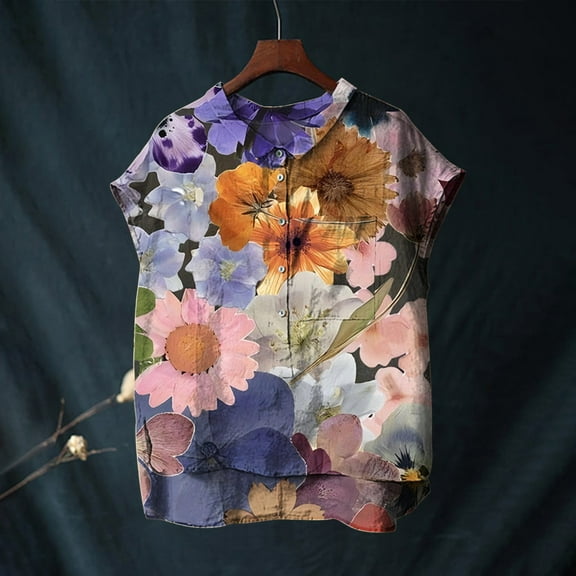 Blue Womens Summer Tops Cute Tops for Women Collar Non Sleeve Linen Shirts Plus Size Floral Blouses Casual Summer Clothes Going Out Tops for Women
