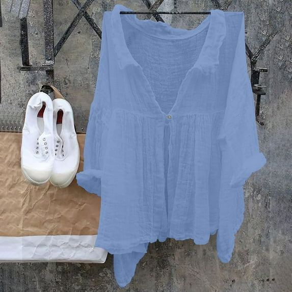 Blue Womens Summer Tops Women's Casual Solid Color Cotton And Linen Lapel Single Shirt 3/4 Sleeved Shirt Shirts for Women