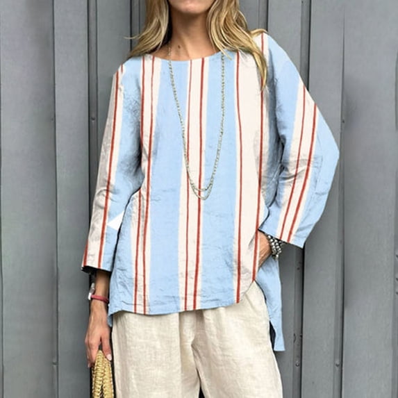 Blue Womens Summer Tops Women's Vintage Floral Baseball Art Print Casual 3/4 Sleeve T Shirts Round Neck Cotton Shirt Going Out Tops for Women