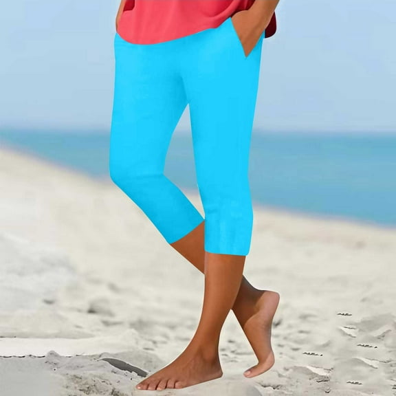 Blue Womens Sweatpants Summer Jogging Bottoms High Waist Sports Trousers Short Plain Sports Leggings Elastic Waist Yoga Trousers Casual Slim Fit Running Capri Pants for Women