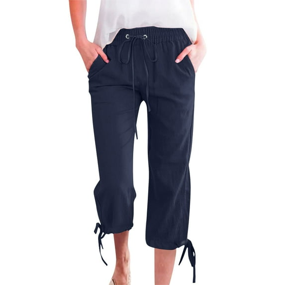 Blue Womens Sweatpants Women Fashion Solid Color Cotton Elastic Long Pants Beach Leisure Trousers Linen Casual Pants Women