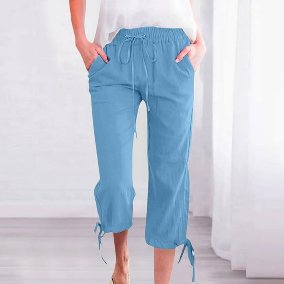 Blue Womens Sweatpants Women Fashion Solid Color Cotton Elastic Long Pants Beach Leisure Trousers Linen Casual Pants Women