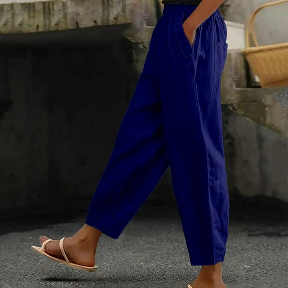 Blue Womens Sweatpants Women's Pocket Cotton Linen Fashion Solid Color Pants Slim Casual Long Pants Casual Pants Women